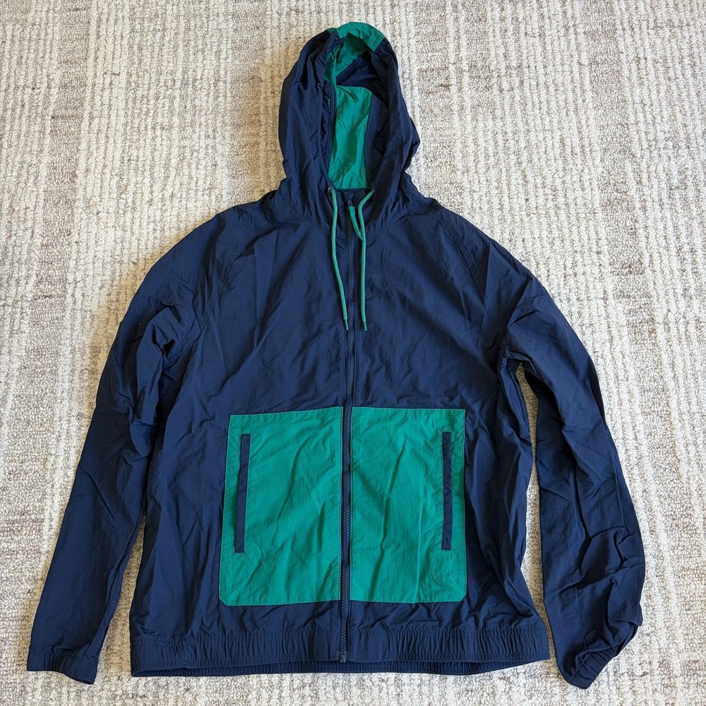BP. Mens Navy Blue Green Colorblock Hooded Windbreaker Jacket Large